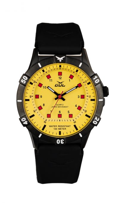 GUL No.2 Wrist watch case in IPB (Black) with All yellow dial. A black strap in soft slilicone