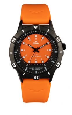 GUL No.2 Wrist watch case in IPB (Black) with black-orange dial. A orange strap in soft slilicone