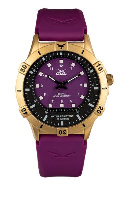 GUL No.2 Wrist watch case in gold with purple dial. A purple strap in soft slilicone