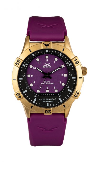 GUL No.2 Wrist watch case in gold with purple dial. A purple strap in soft slilicone
