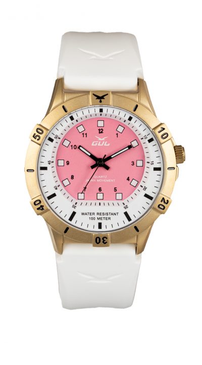 No.2 wrist watch in gold case and pink / white dail, with white soft silicone strap