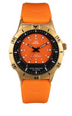 GUL No.2 Wrist watch case in IPG (gold) with black-orange dial. A Orange strap in soft slilicone