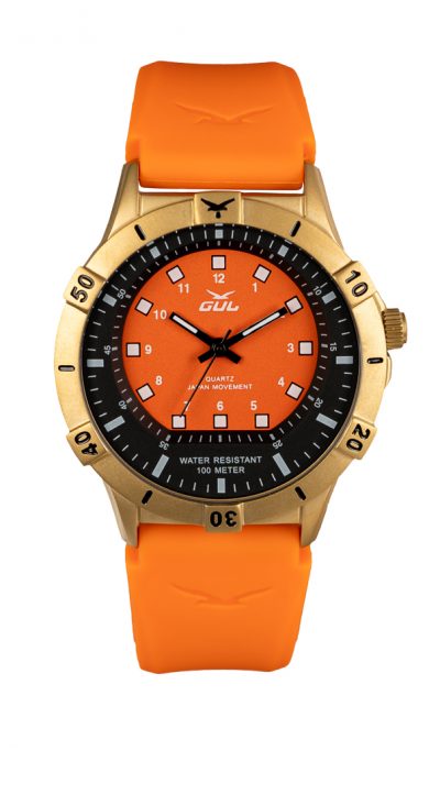 GUL No.2 Wrist watch case in IPG (gold) with black-orange dial. A Orange strap in soft slilicone