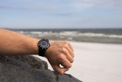 black Waterproof watch from gul watches on mans arm