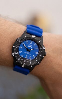 waterproof blue watch from gul watches on mans arm