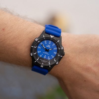 waterproof blue watch from gul watches on mans arm