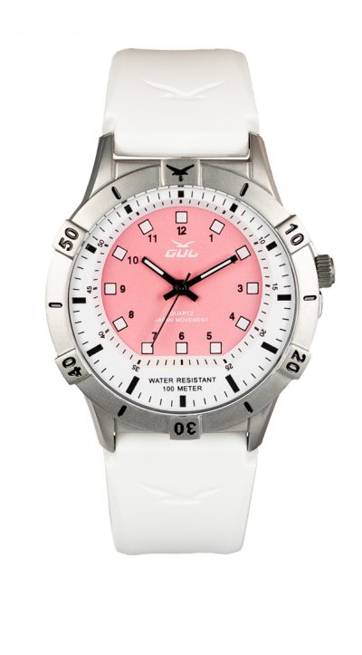GUL No.2 Wrist watch case in Stainless steel with white-pink dial. A White strap in soft slilicone