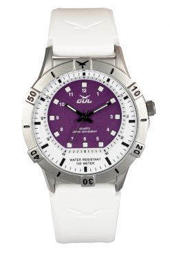 GUL No.2 Wrist watch case in Stainless steel with white-purple dial. A White strap in soft slilicone