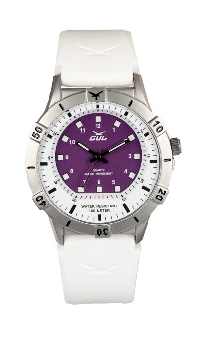 GUL No.2 Wrist watch case in Stainless steel with white-purple dial. A White strap in soft slilicone