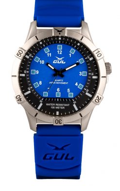 GUL No.1 watch with chrome case and Blue dial, blue silicone dive strap