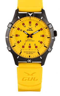 GUL No.1 watch with black case and all yellow dial, all yellow silicone dive strap