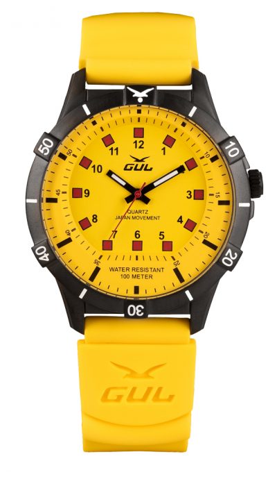 GUL No.1 watch with black case and all yellow dial, all yellow silicone dive strap