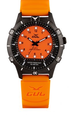 GUL No.1 watch with black case and Orange dial, orange silicone dive strap
