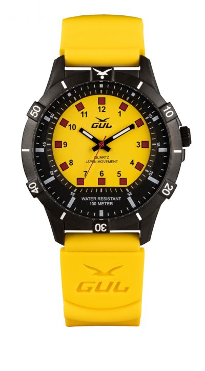 GUL No.1 watch with black case and yellow dial, all yellow silicone dive strap