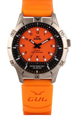 GUL No.1 watch with black case and Orange dial, orange silicone dive strap