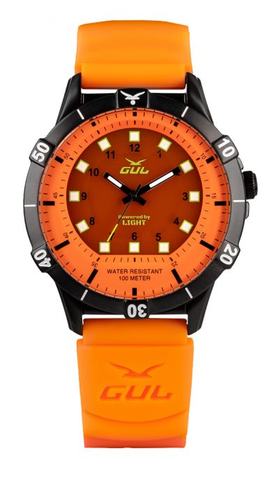 GUL No.1 Power by light all orange watch with black case and orange silicnone strap