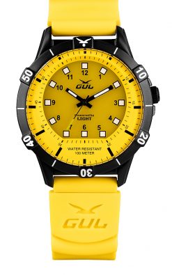 GUL No.1 Power by light all yellow watch with black case and yellow silicnone strap