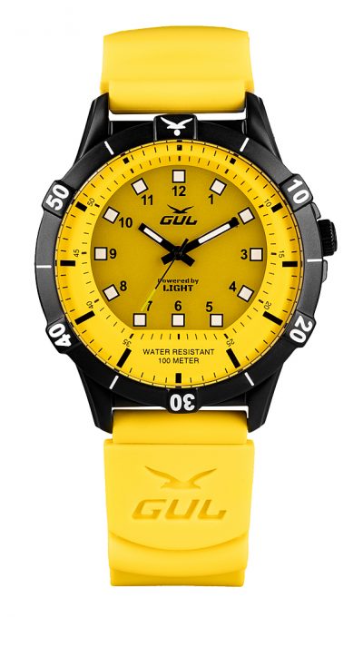 GUL No.1 Power by light all yellow watch with black case and yellow silicnone strap