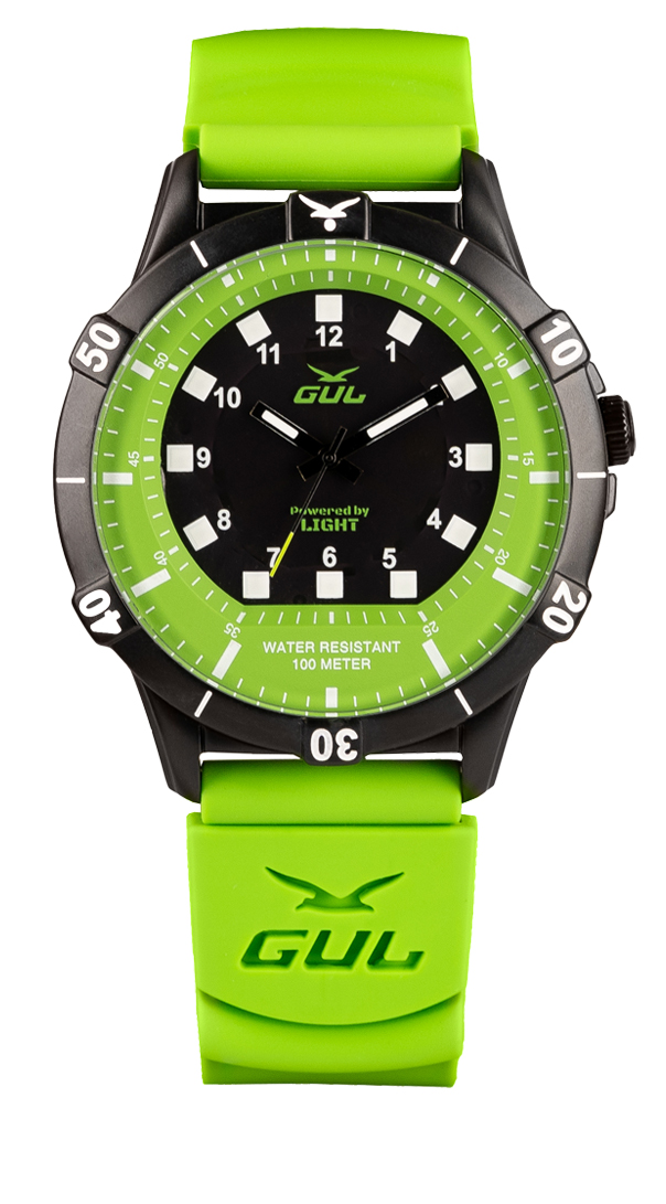 GUL No.1 Power by light green/black watch with black case and greensilicnone strap