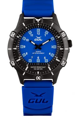 GUL No.1 watch with black case and Blue dial, blue silicone dive strap