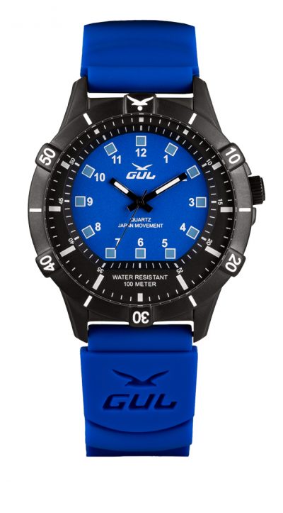 GUL No.1 watch with black case and Blue dial, blue silicone dive strap