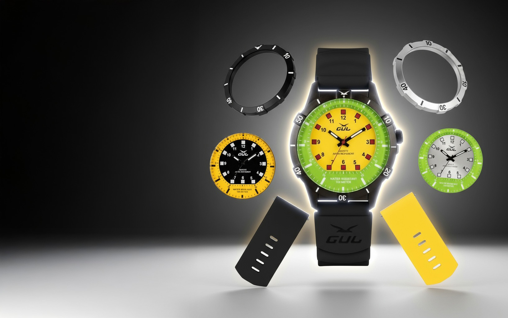 banner gul wtaches design your own watch pieces floating against grey background