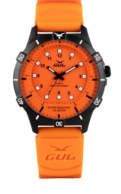 GUL No.1 watch with black case and all orange dial, all Orangesilicone dive strap