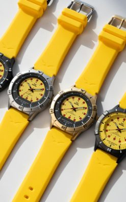 yellow silver gul watch with yellow straps