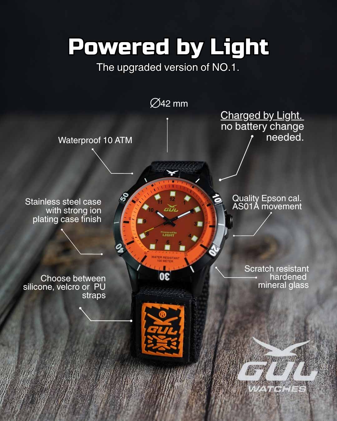 info graphic powered by light gul watches orange and velcro