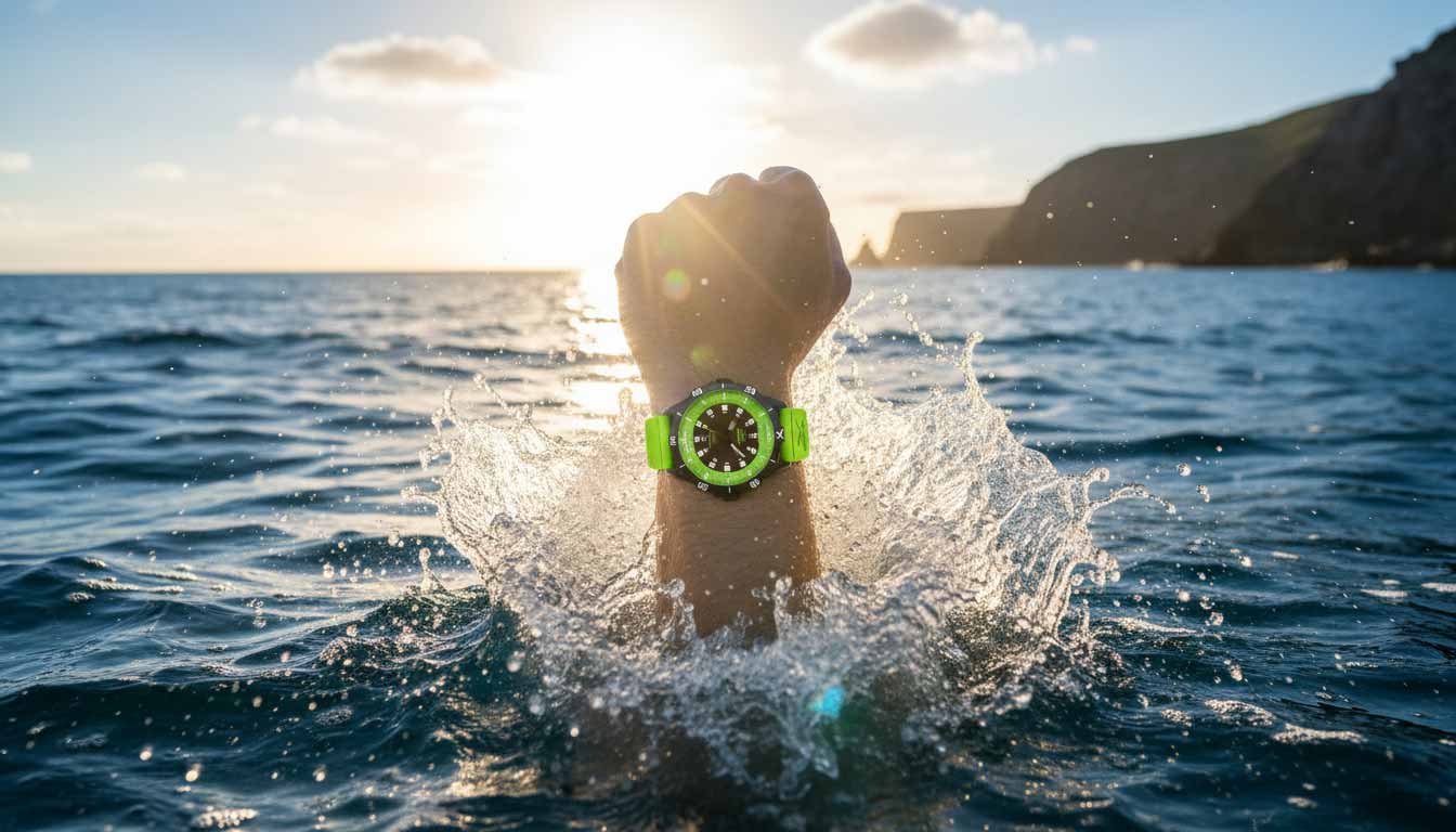 solar powered watch gul on arm ascending from water with splash