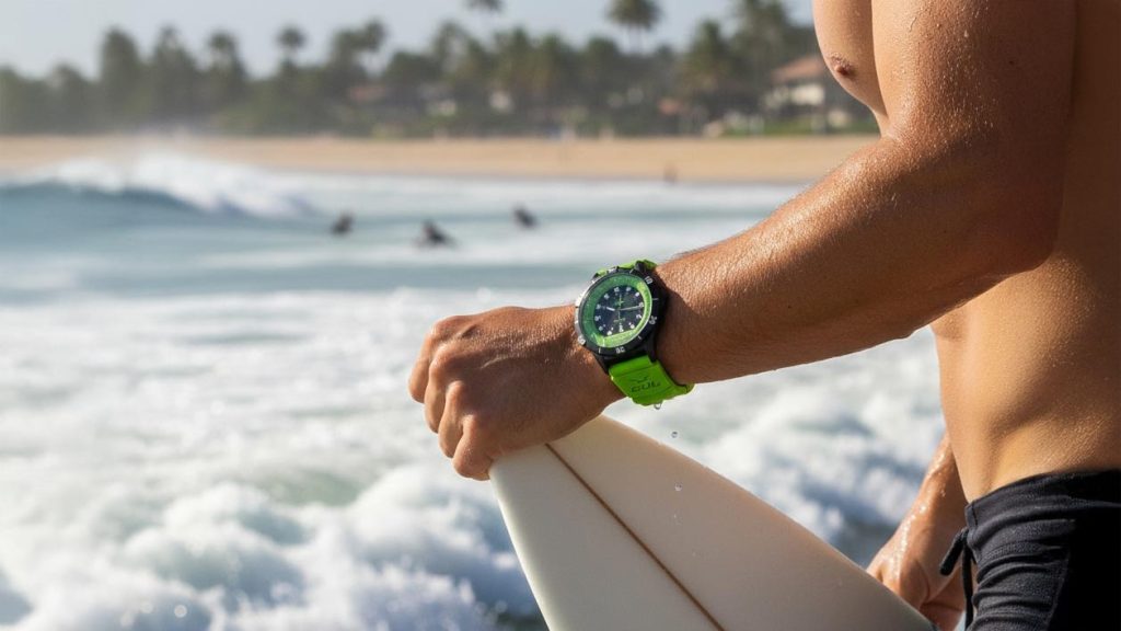 gul watches surfer with green watch powered by light , by beach