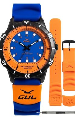 gulwatches in watch orange and blue with extra orange straps and tool on white background