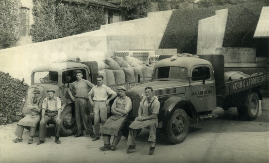 Chauffører og medarbejdere stående foran firmats lastbiler