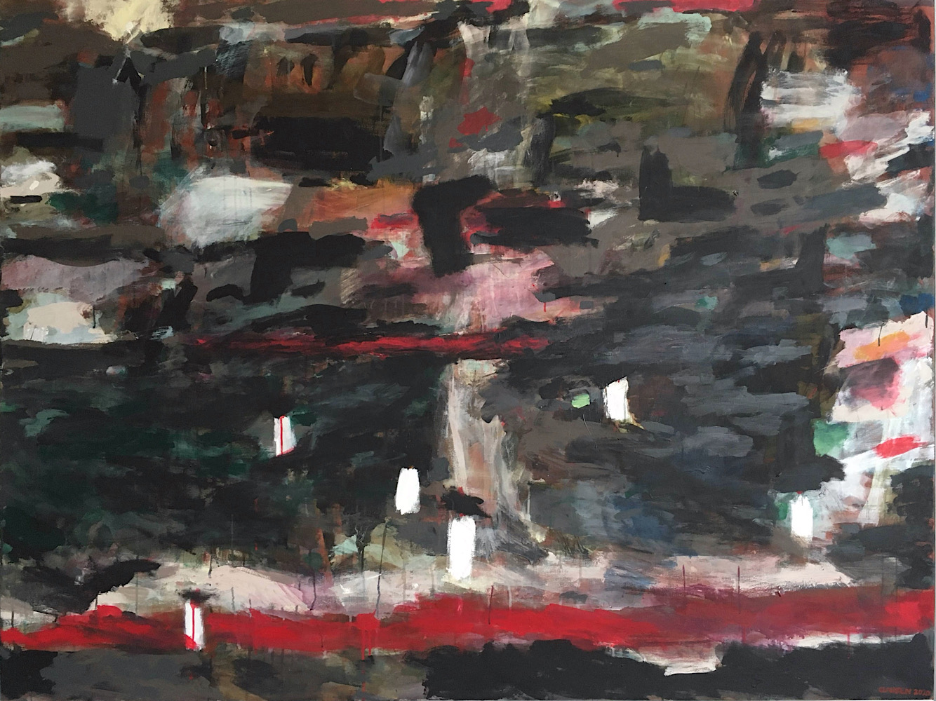 SÆTTE LYS I ARRET LAND 160x200cm, #Jes Kruse Skolen, Eckernførde, Sydslesvig. Et bestillingsarbejde for Slesvig-Ligaen i anledning af Slesvig-Ligaens arbejde for den danske sag i det efterladte Sydslesvig efter genforeningen af den nordlige del af Slesvig med Danmark i 1920. Slesvig-Ligaens arbejde lå hovedsageligt i Sydslesvigs sydligste del i området mellem Slien -Dannevirke og Ejderen. Danske skoler, børnehaver og forsamlingshuse blomstrede op efter 2. verdenskrig ved hjælp fra Danmark og gav en udslidt befolkning i et forbrændt land i knæ et nyt håb om en lysere fremtid under Dannebrog.
