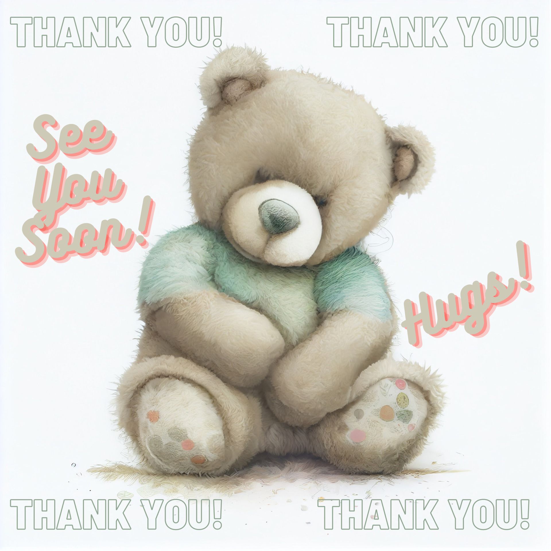 Cute teddy bear with Thank You, See You Soon, and Hugs! captions