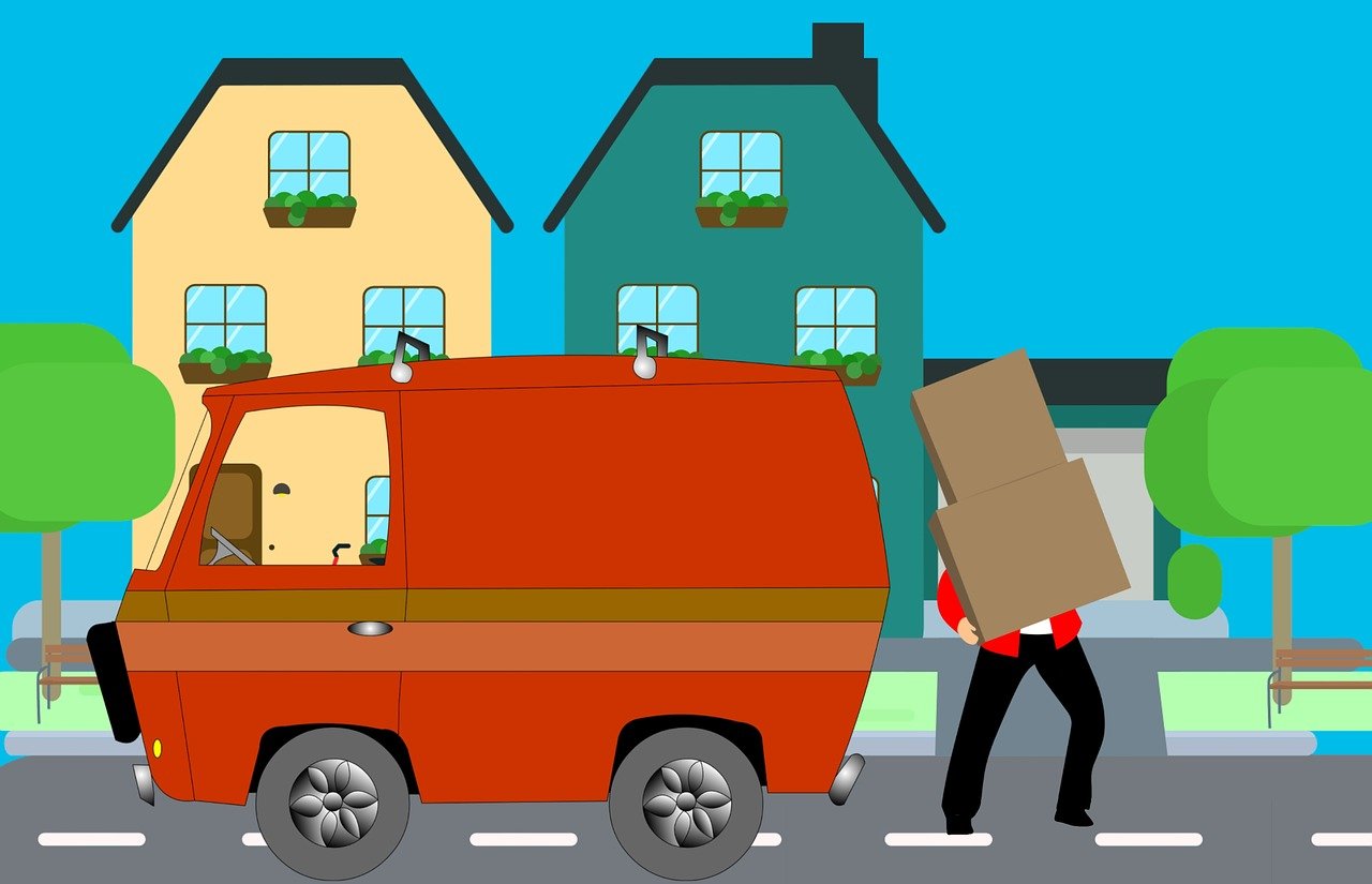 illustration of house moving with man carrying box and with a van in front of yellow and green houses