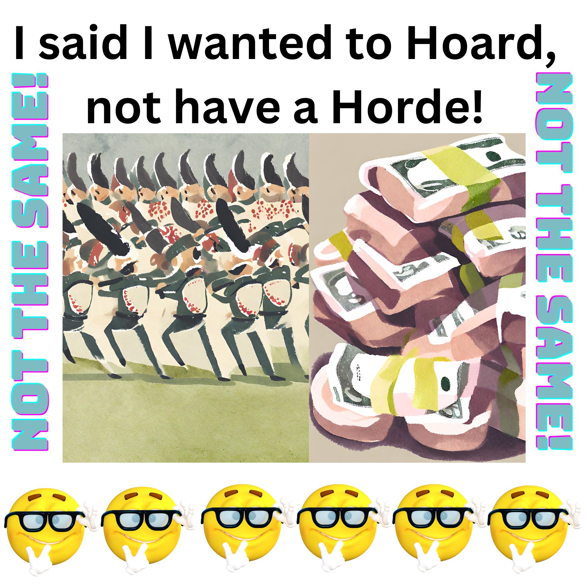 graphic showing horde vs hoard with a hoard of money and a army horde.