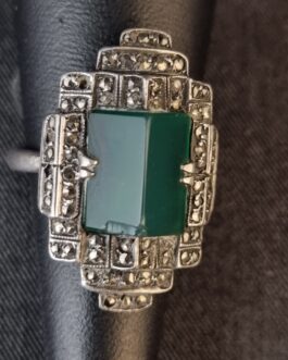 Silver ring with marcasite and green stone