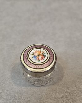 Small glass jar with metal lid with enamel decoration