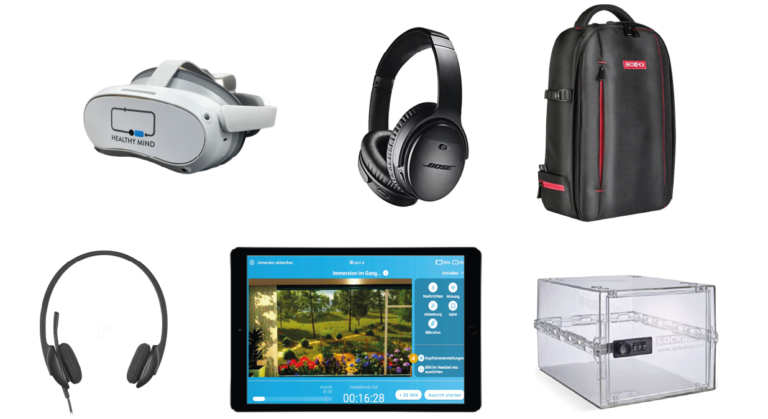 Vorstellung unserer Verpackung, die aus einem Virtual-Reality-Headset, Bose-Audio-Kopfhörern, bei Bedarf einem Mikrofon, einem Tablet und einer Tragetasche besteht.