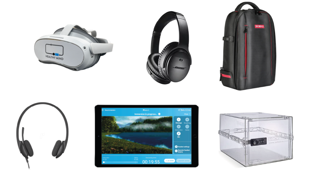 Presentation of our packaging, comprising a virtual reality headset, Bose headphones, a microphone if required, a tablet and a carry bag.