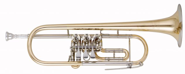 Helmut Voigt Bb Trumpet with rotor valves HV-TRB1 Bell gold brass with nickel silver garland, nickel silver slides, waterkey at the main tuning slide, optional at the 3rd valve slide, optional: high keys (Vienna key)