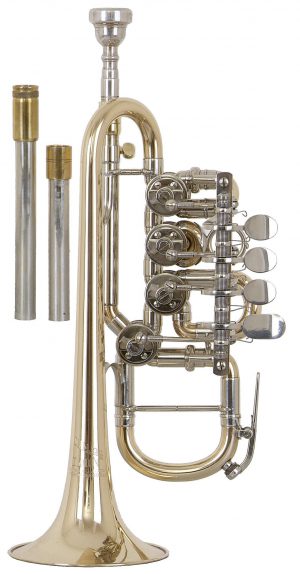 Helmut Voigt Piccolo trumpet HV-TRHB1 Gold brass, with 4 valves, waterkey at the 4th valve tuning slide, incl. two changeable Bb lead pipes and one A lead pipe