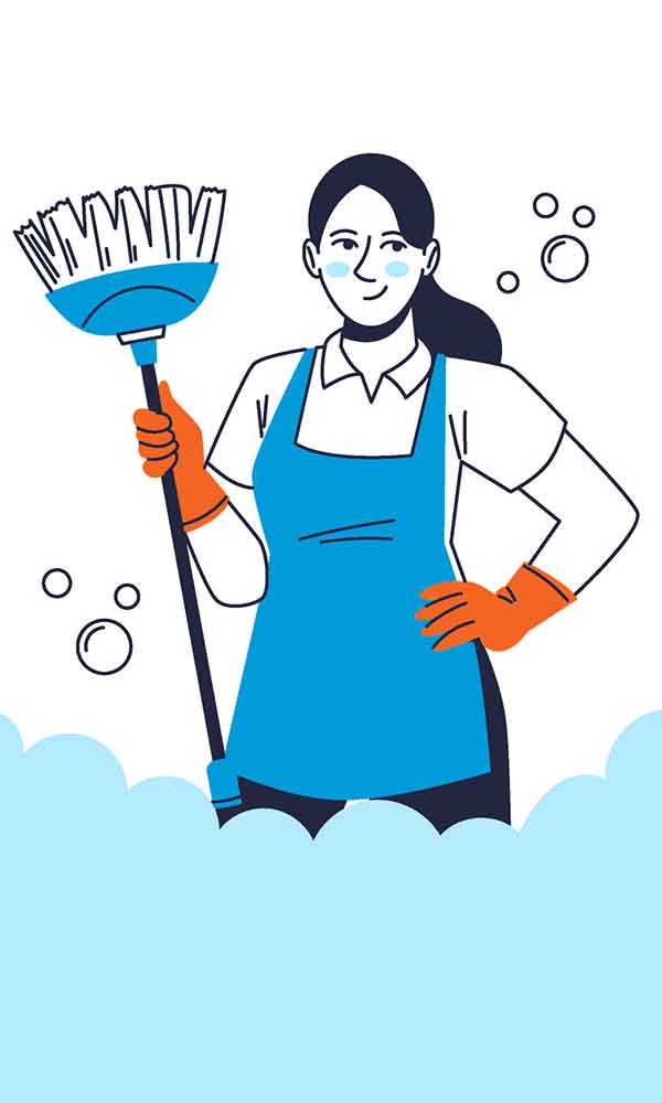 Hemstädning. Illustrerad bild på en kvinna som städar.