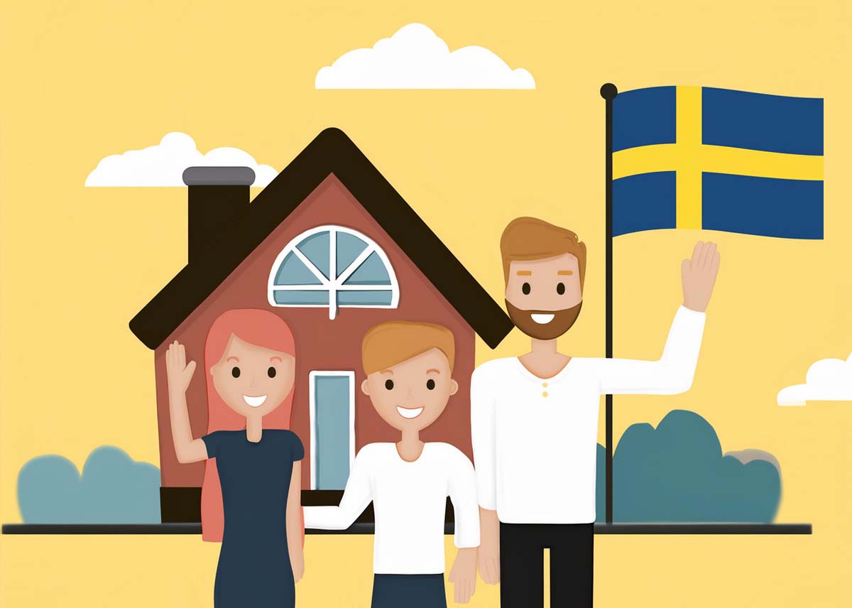 Flyttstädning och det sista avskedet. Illustration av en glad familj som vinkar framför ett hus med en svensk flagga i bakgrunden.