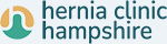 The Hernia Clinic Hampshire logo shows the name in text with, positioned left, a circle wrapped around an lowercase 'h' letter. It uses yellow and green colours.