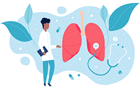 A stylised image of a doctor standing by lungs. Respiratory issues impact the abdominal muscles that can result in a recurring hernia.