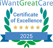 A transparent background version of the iWantGreatCare award presented to Mr James Kirkby-Bott, Consultant Surgeon at Hernia Clinic Hampshire.
