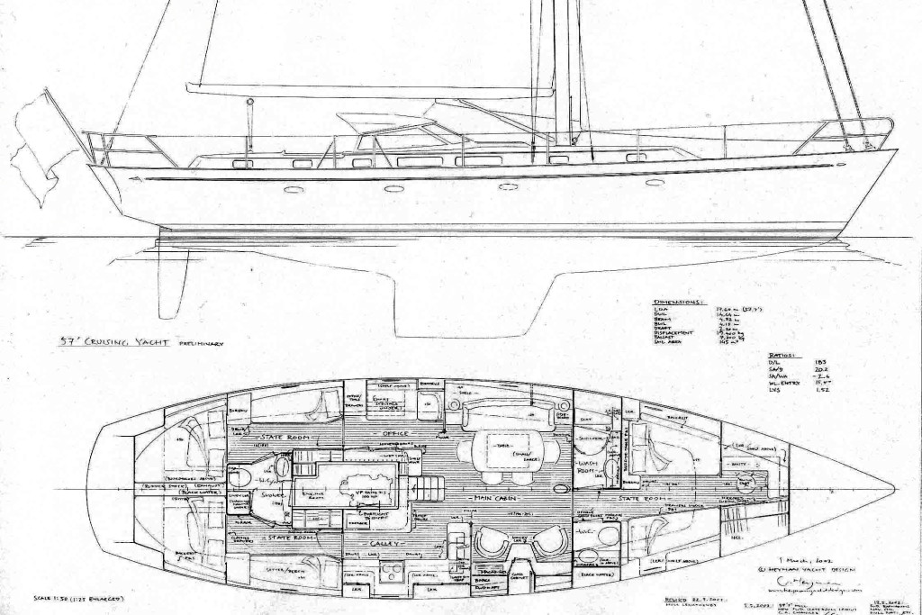 (c) Heyman Yachts 57', early hand-drawn general arrangement