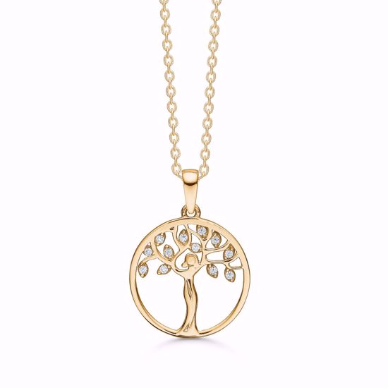 Guld vedhæng Livets træ 8kt. med zirkonia Med 45cm forgyldt sølv kæde. Diameter 16mm